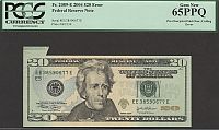 Pre-Third Printing Fold-Over, End of Roll Cutting Error, 2004 $20 FRN, EE38590677E, GemCU, PCGS65-PPQ